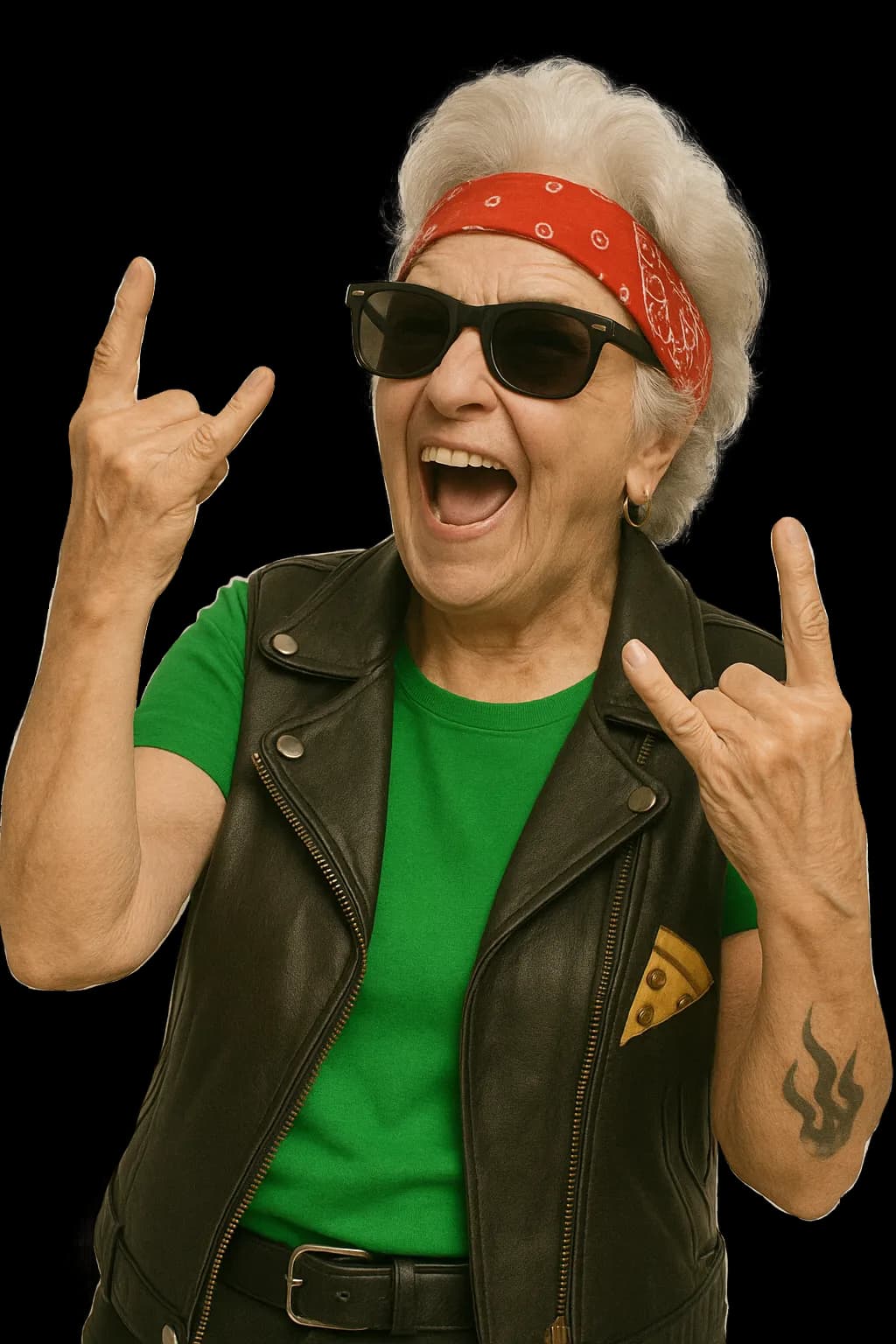 The Pizza Lab nonna in sunglasses and a red bandana, making rock horns and laughing
